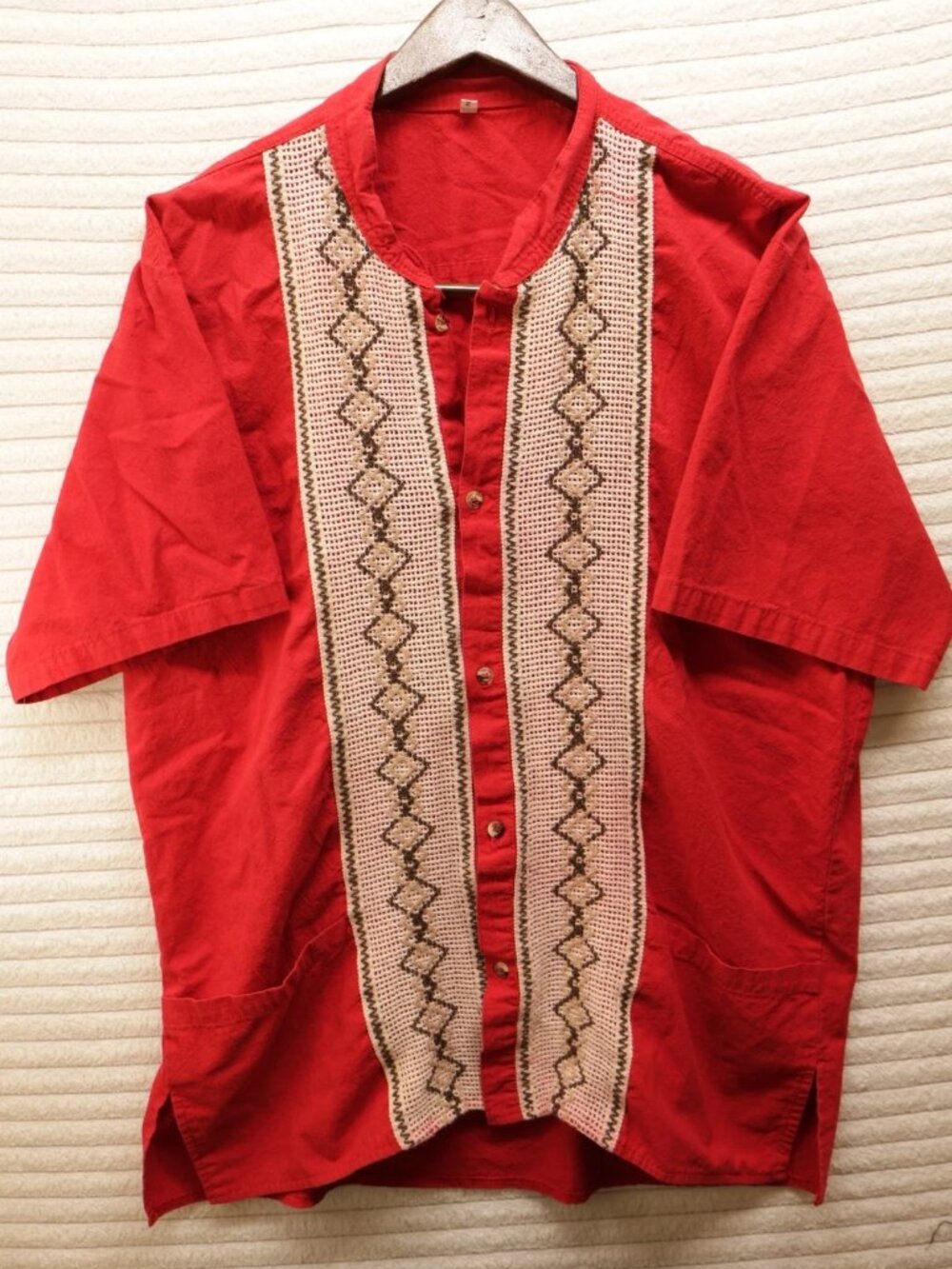 Mexican Handmade Embroidered Short Sleeve Mens Shirt Red Aztec FLAW